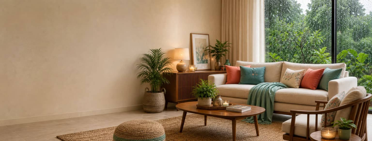 A warm QuirkyHome living room styled with cushions, plants and natural wood decor
