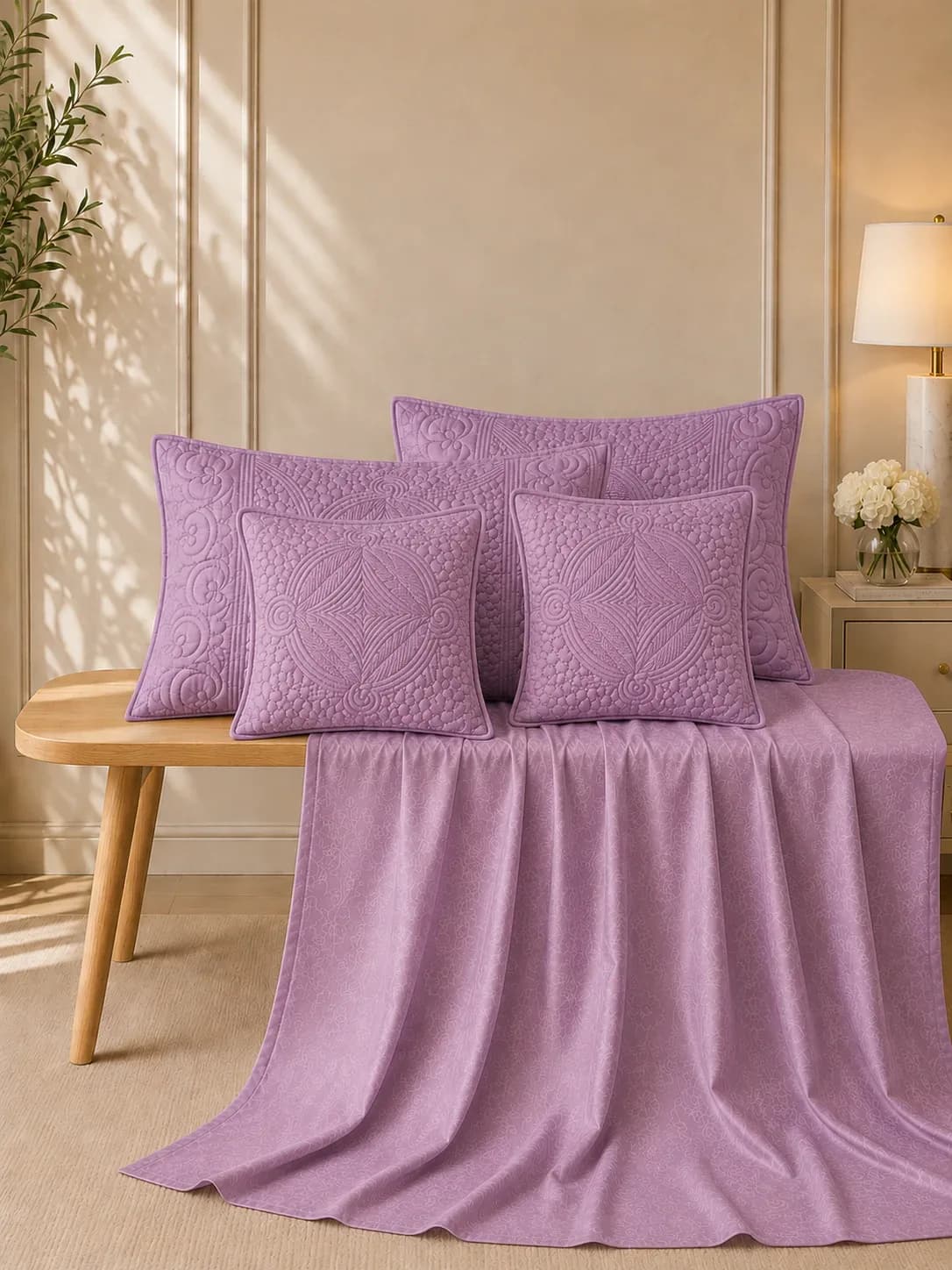 Anokhi 5 Piece Hand Quilted Luxury Bedding Set | 108x108 Inches bedsheet | 19x29 Hand Quilted Pillow Covers | 16x16 Inches Hand Quilted Cushion Covers