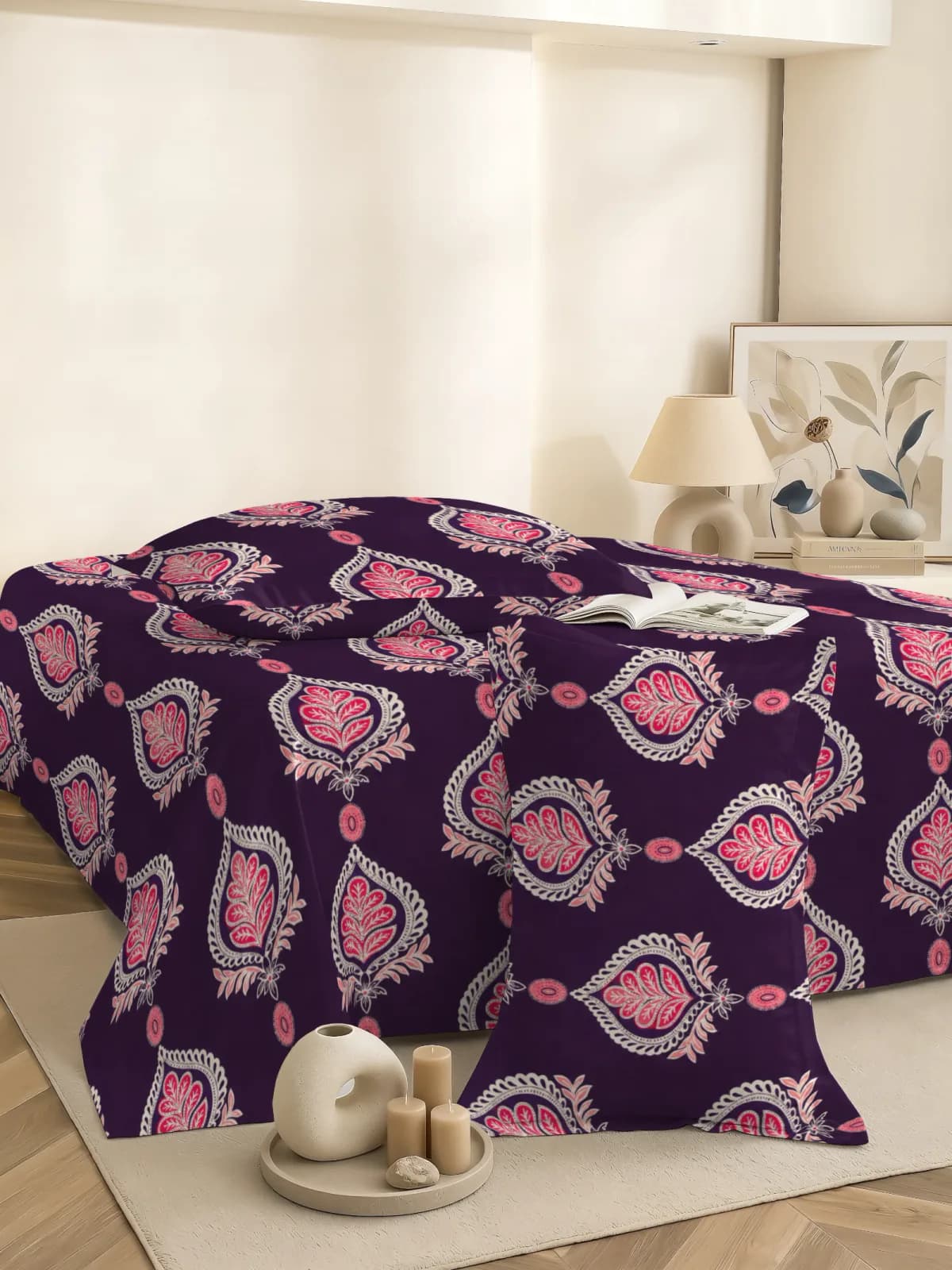 QHxHOMCOT Royal Procian 100% Pure Cotton 3Pc Double Bedding Set | 90x100 Inches