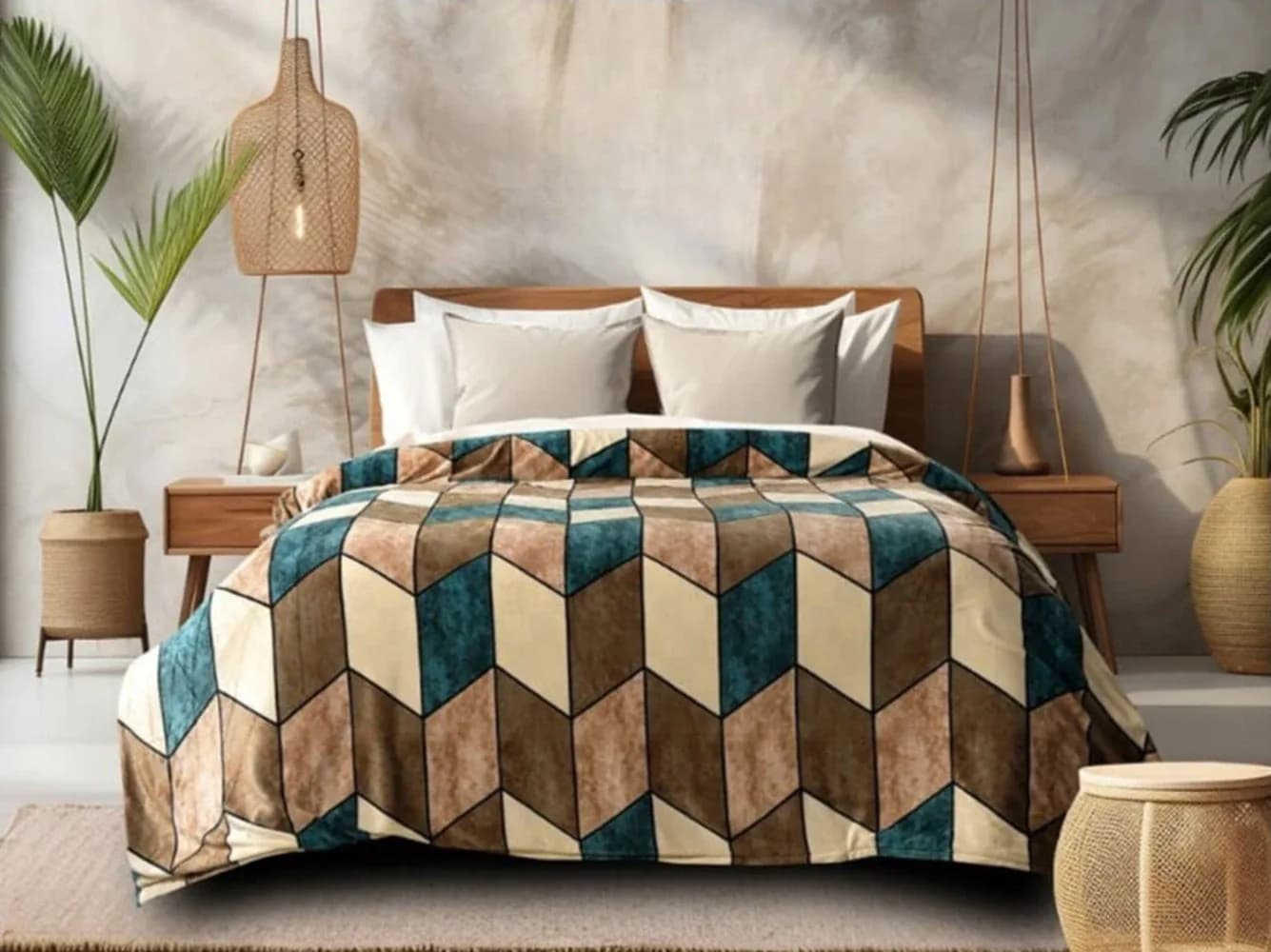 Abstract Cuboid Elastic Fitted Bedsheet with 2 Pillow Covers