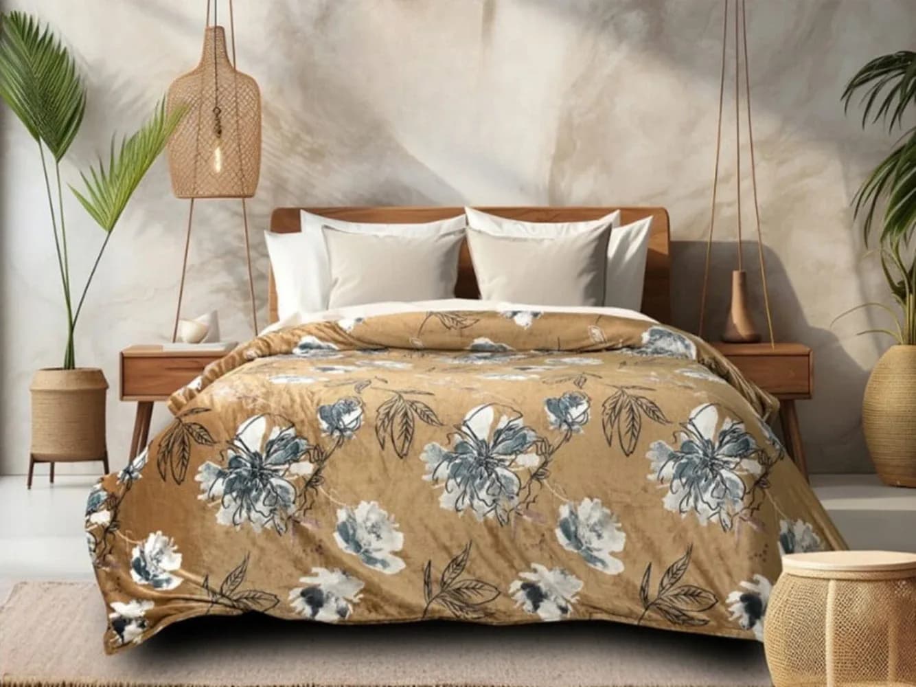 Ochre Mustard Botanical Bedsheet Set With 2 Pillow Covers