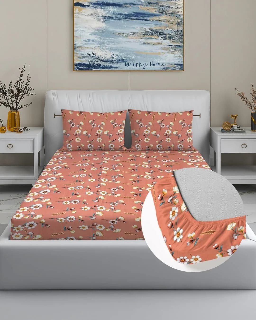 Queen Fitted Bedsheet with 2 Pillow Covers