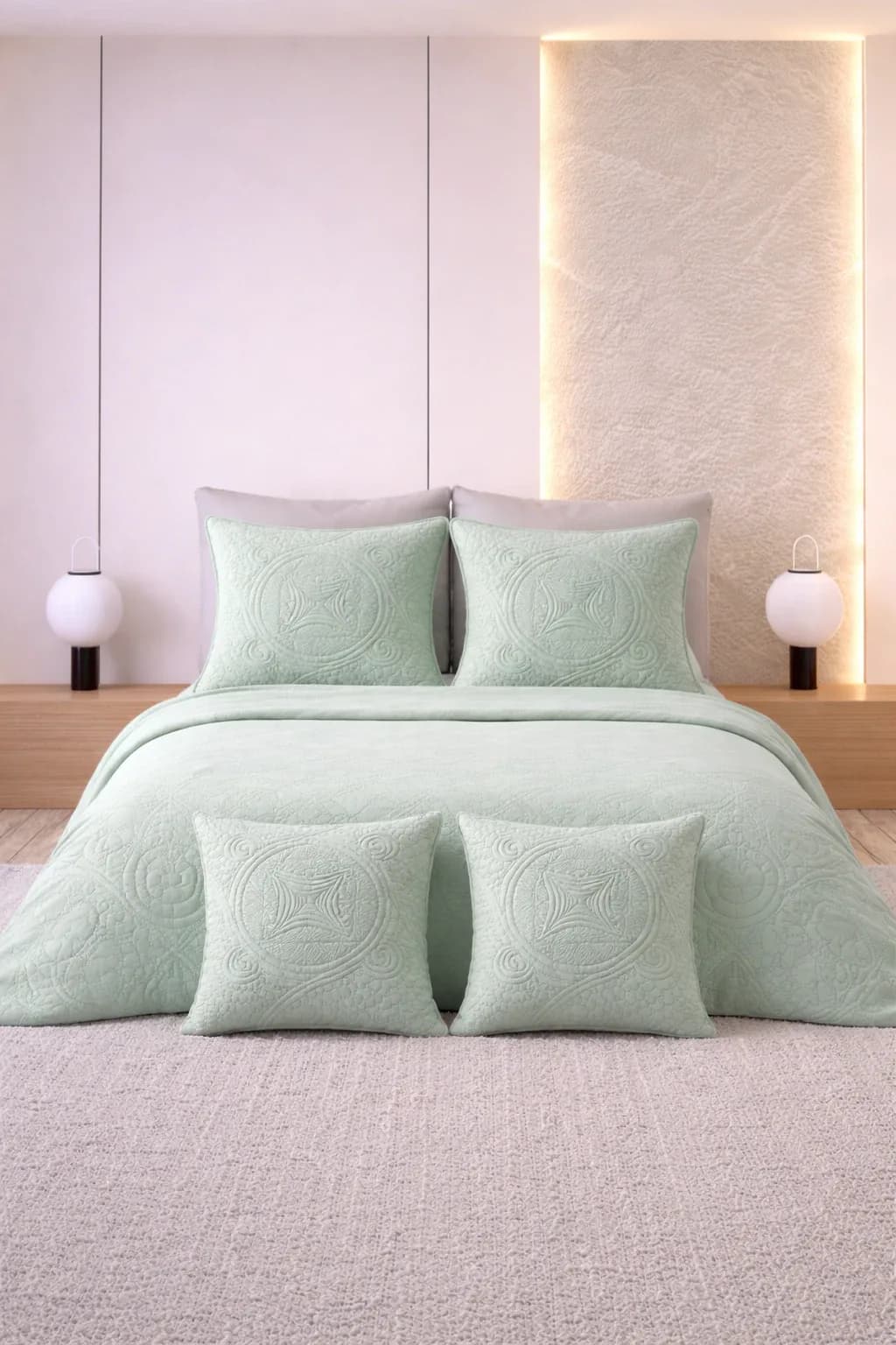 NAKSHI COLLECTION 300 TC 5 PIECE QUILTED BEDDING SET (SEAFOAM GREEN)