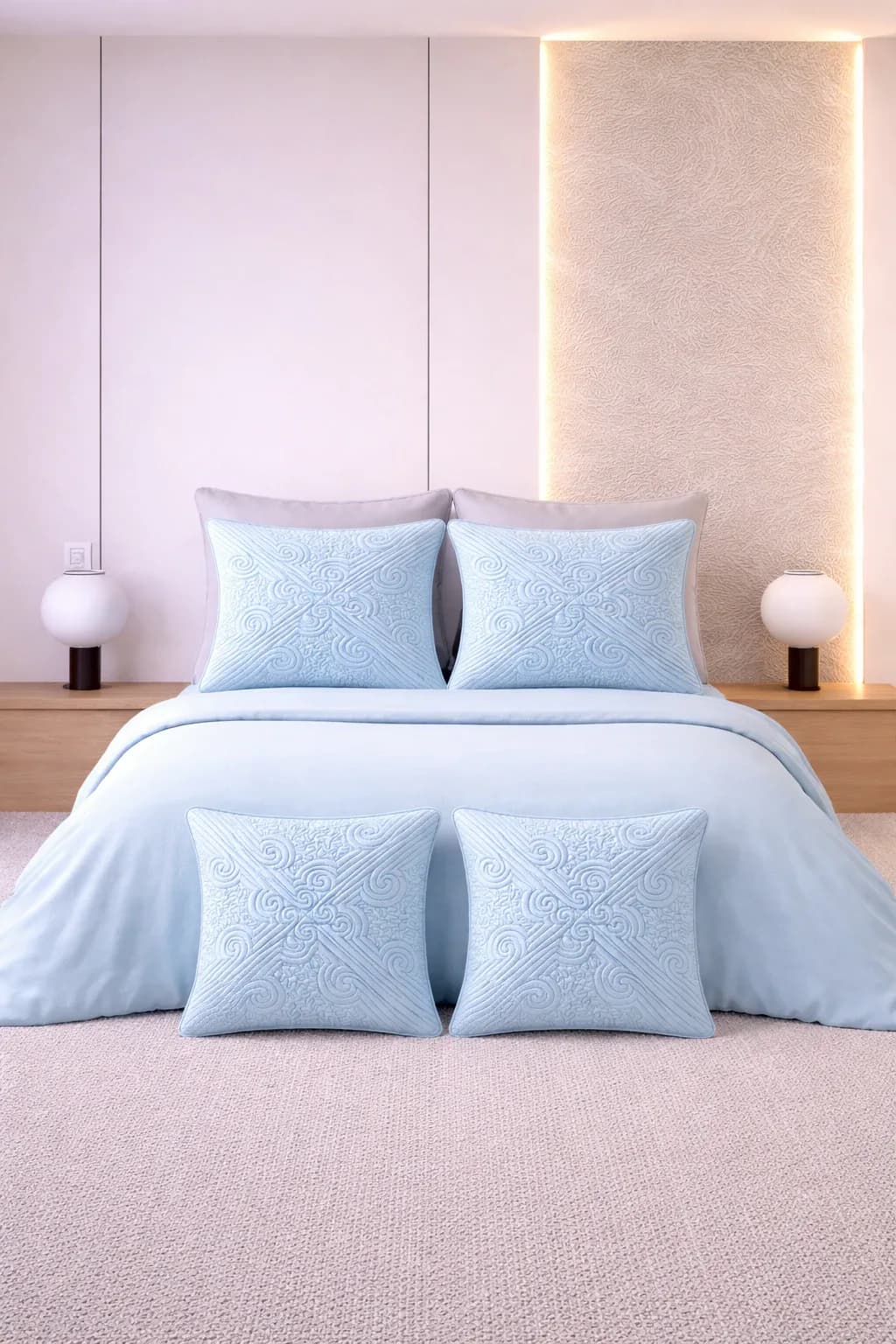 NAKSHI COLLECTION 300 TC 5 PIECE QUILTED BEDDING SET (PASTEL BLUE)