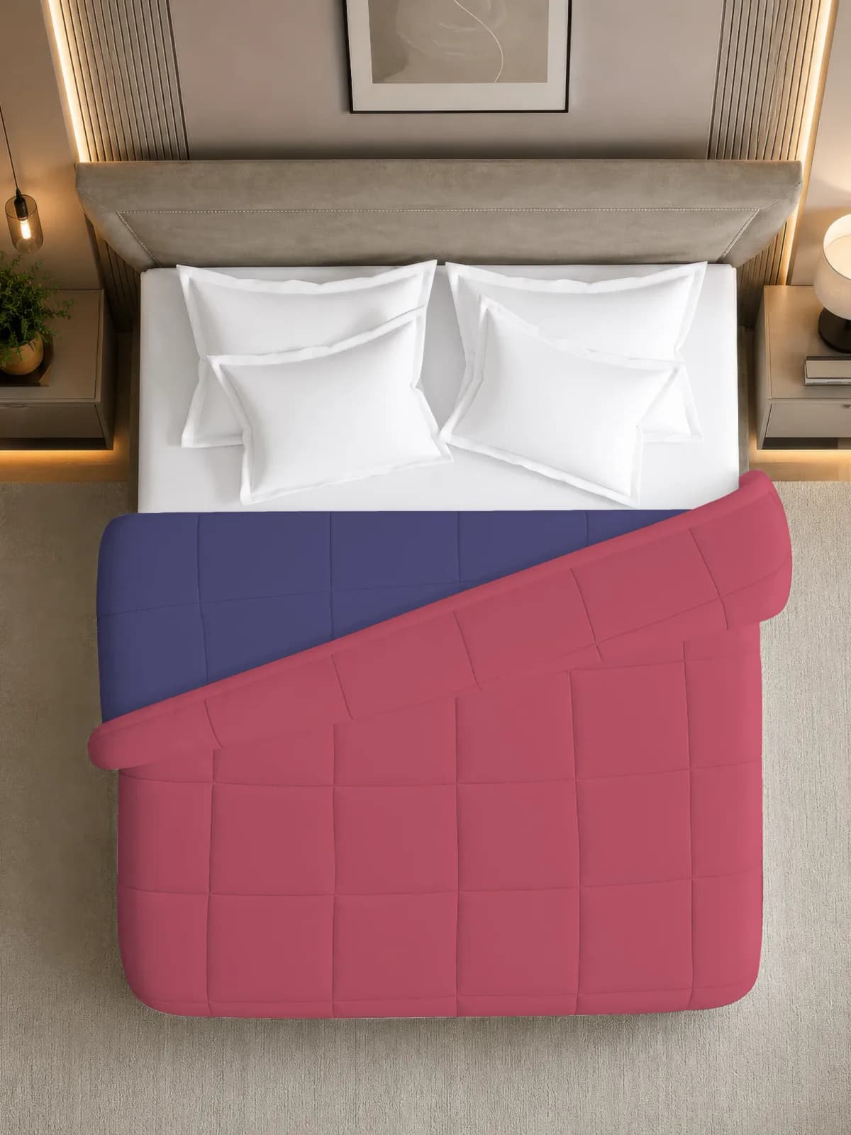NEST SOLID DOUBLE BED COMFORTER | AC BLANKET - RASBERRY & NAVY