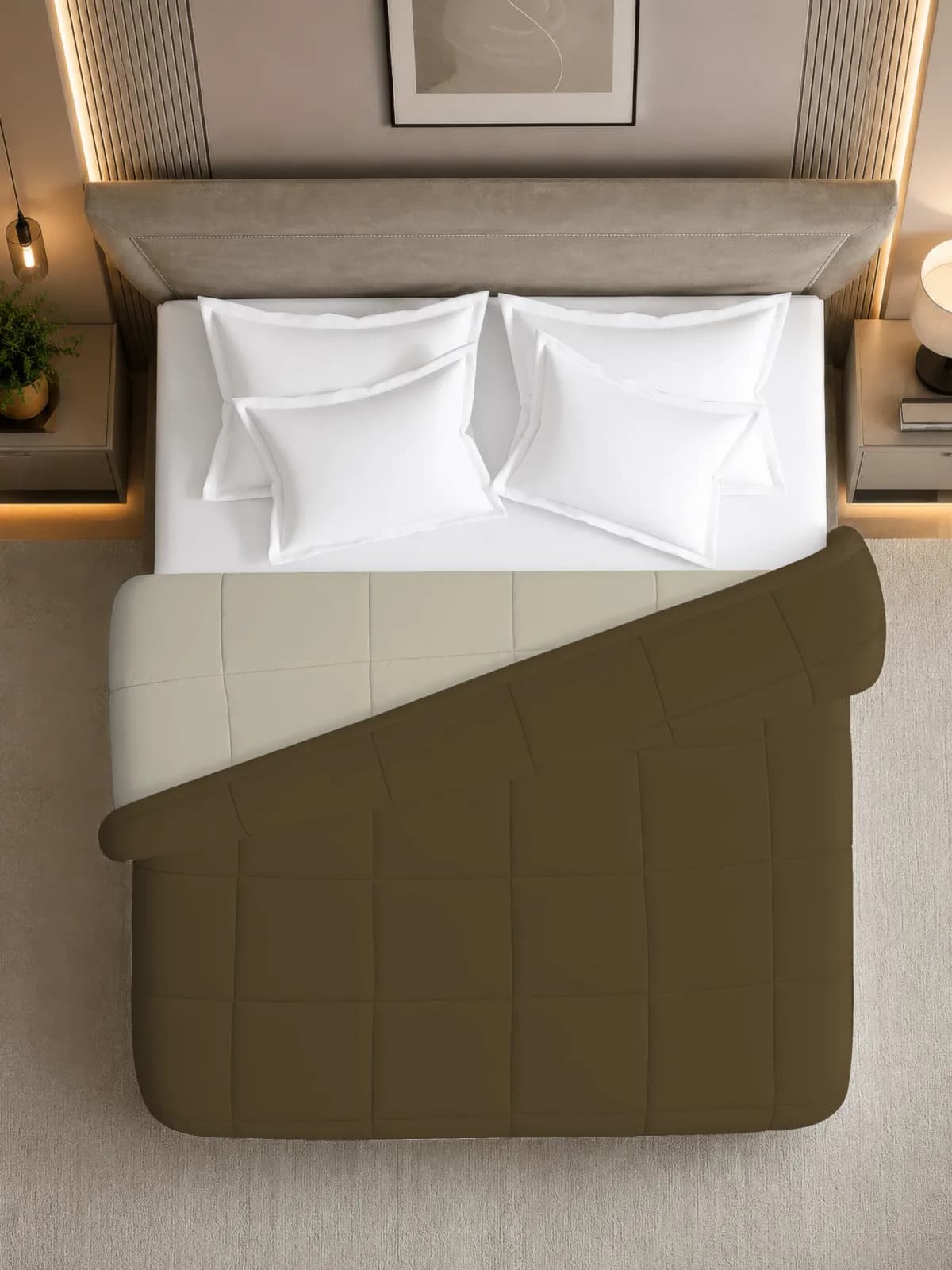 NEST SOLID 250 GSM QUEEN BED REVERSIBLE COMFORTER - WALNUT & CREAM