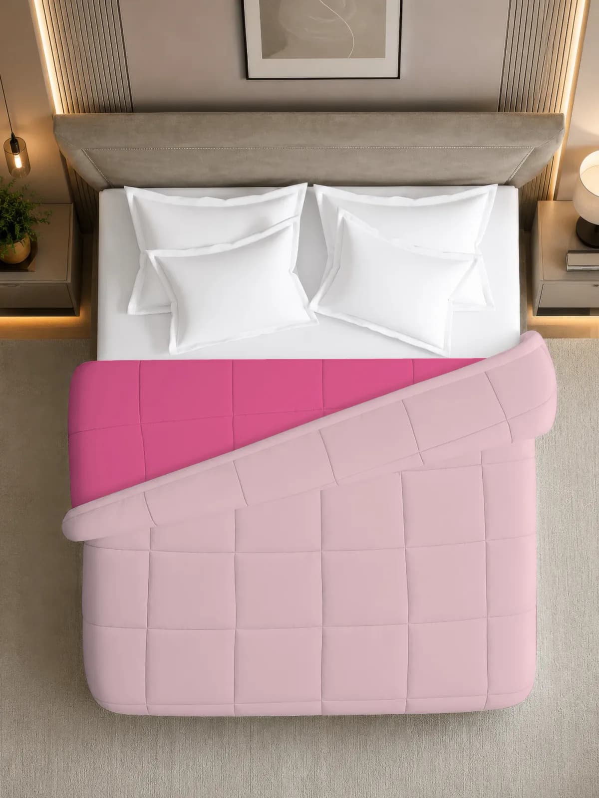NEST SOLID DOUBLE REVERSIBLE BED COMFORTER | AC BLANKET - PINK & COTTON CANDY