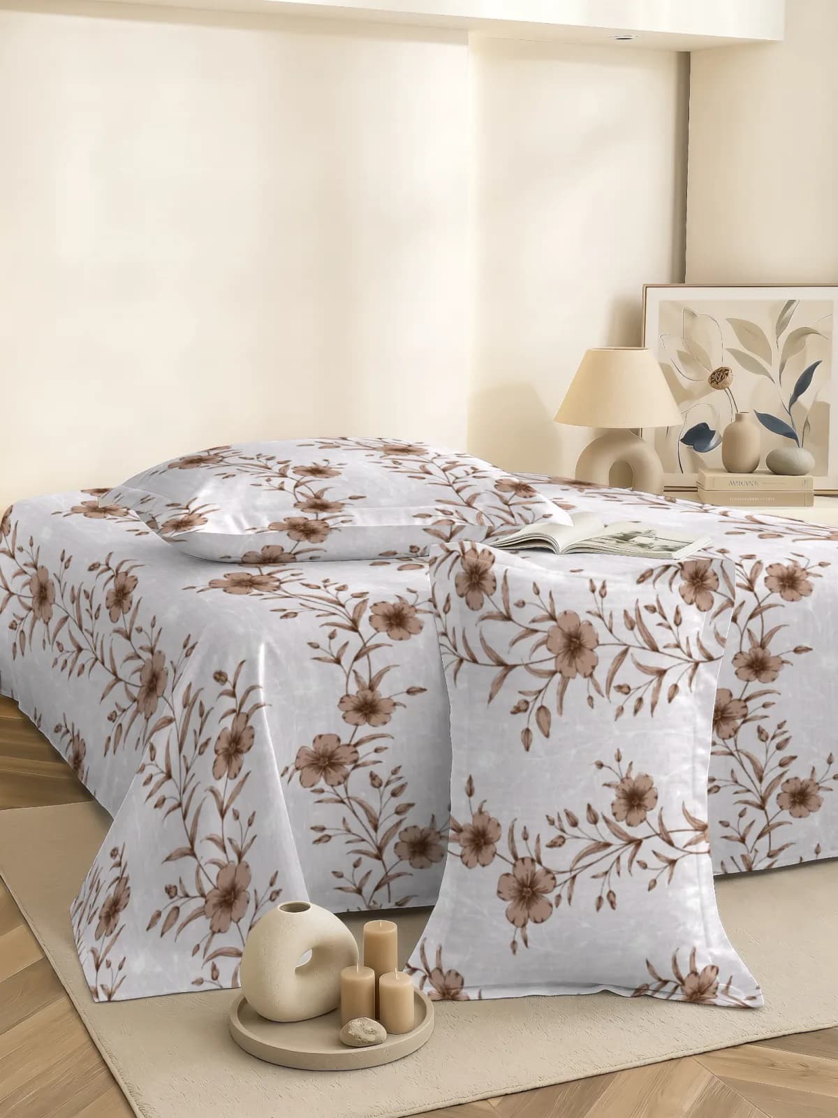PETAL 180 TC PERCALE SUPER KING BEDDING SET - BROWN FLORAL