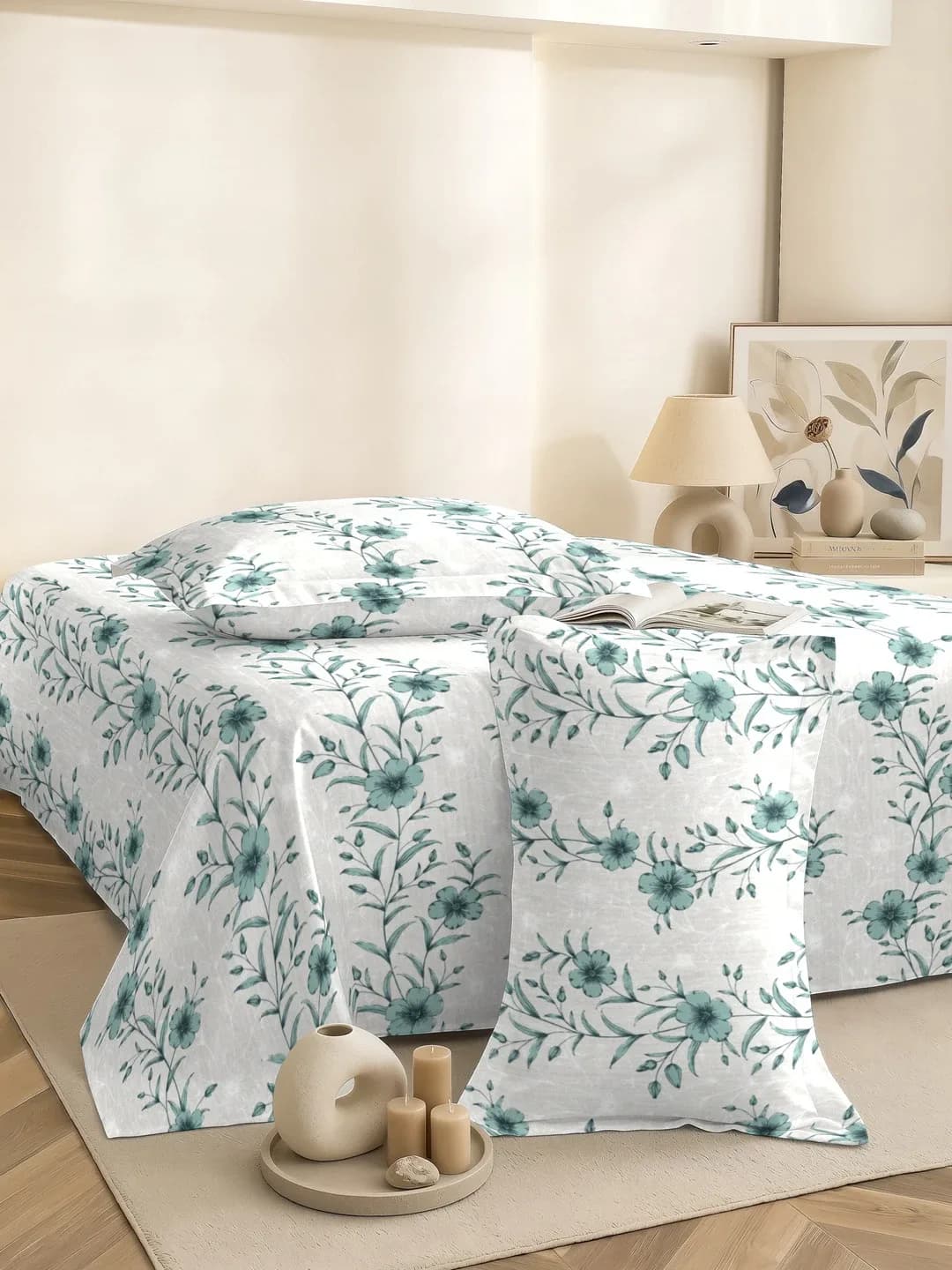 PETAL 180TC PERCALE SUPER KING BEDDING SET - GREEN FLORAL