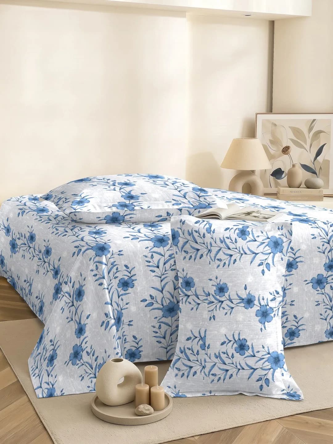 PETAL 180TC PERCALE SUPER KING 3 PC BEDDING SET - BLUE FLORAL
