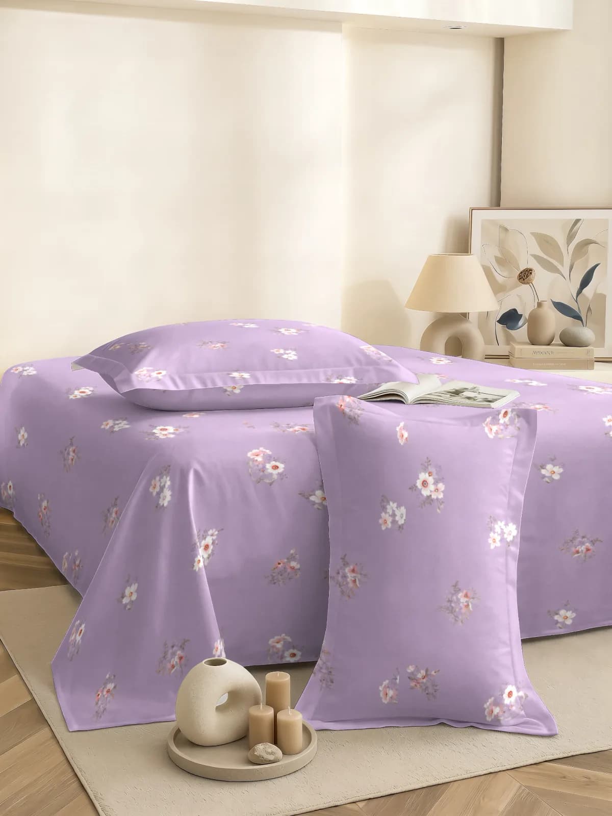 Rome Collection Lavender Floral Essence King Bedsheet with 2 Pillow Covers