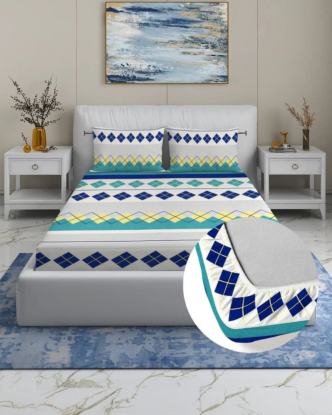 GEOMETRIC QUEEN FITTED BEDSHEET WITH 2 PILLOW COVERS