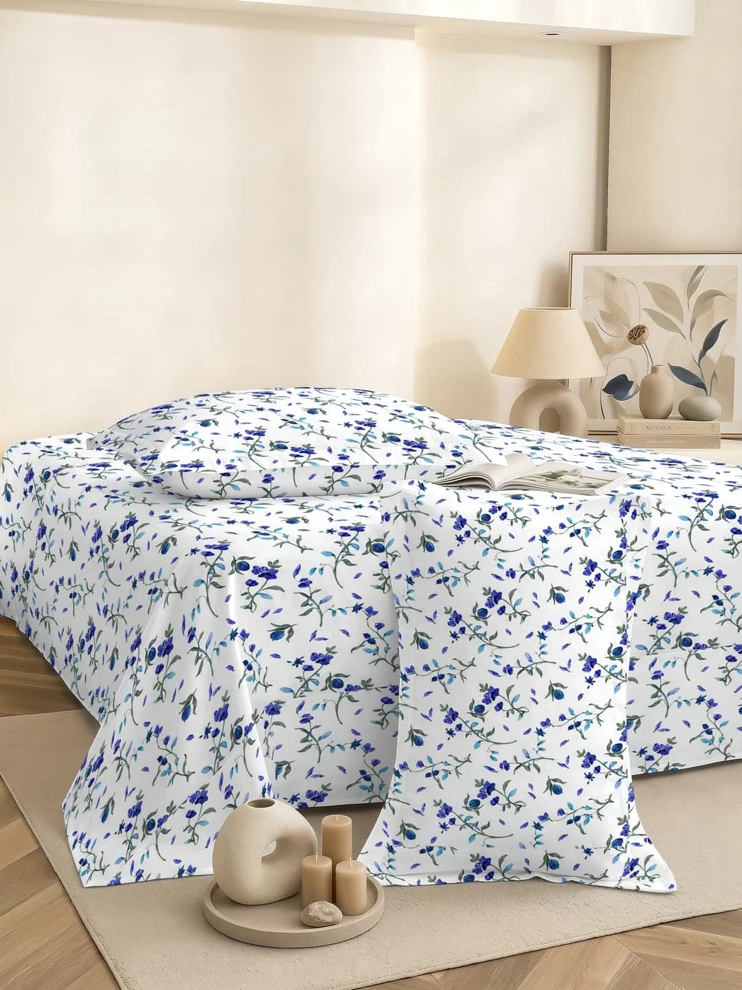 QHxHOMCOT Tulips 100% Pure Cotton Percale Super King 3Pc Bedding Set | 110x112 Inches