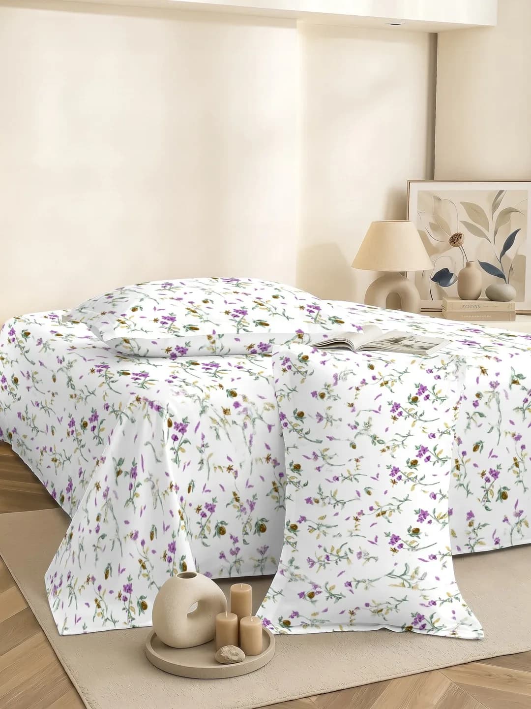 QHxHOMCOT Tulips 100% Pure Cotton Percale Super King 3Pc Bedding Set | 110x112 Inches