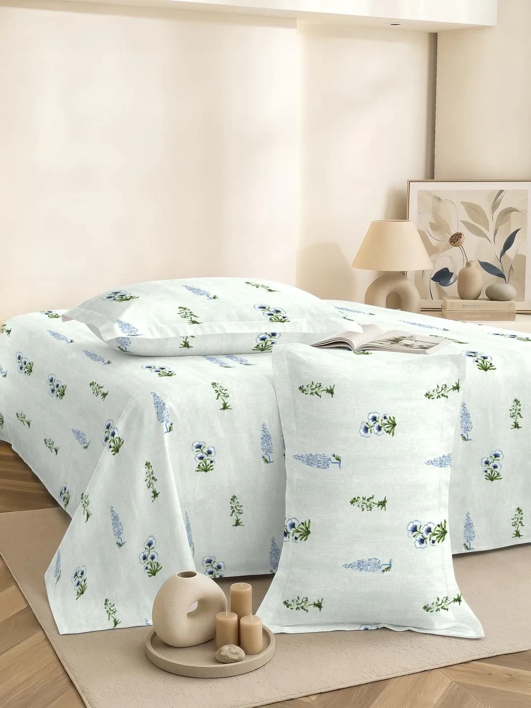 QHxHOMCOT Floral Vines 100% Pure Cotton Percale Super King 3Pc Bedding Set | 110x112 Inches