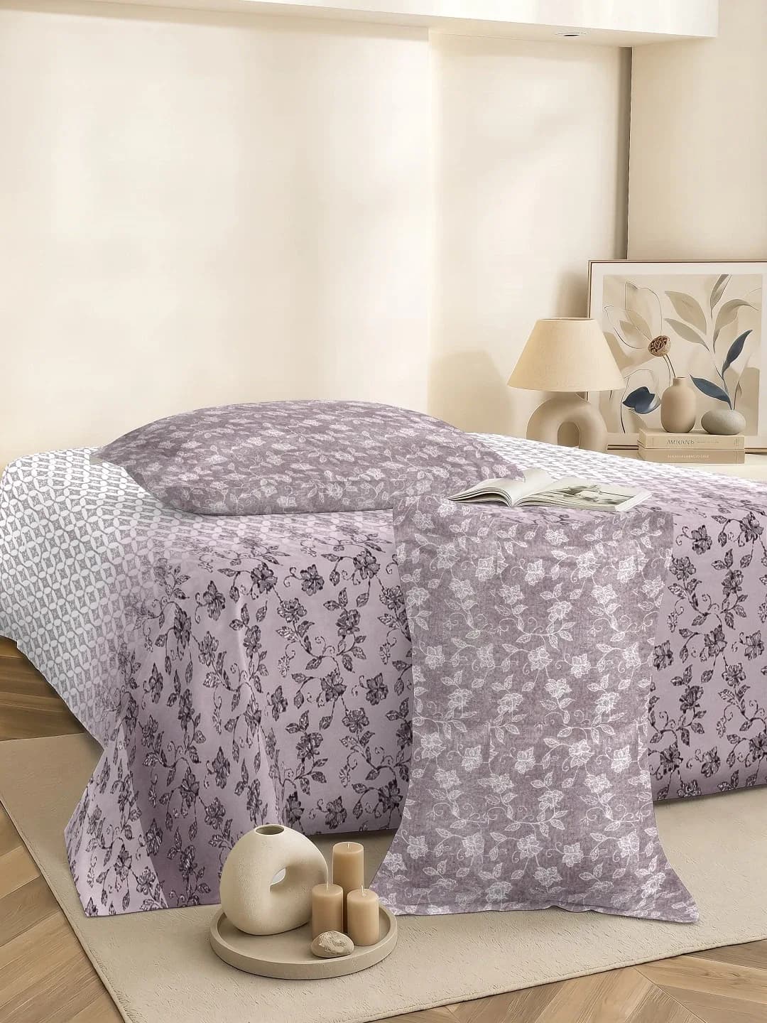 QHxHOMCOT Dual Tones 200TC 100% Pure Cotton 3Pc King Bedding Set | Dual-Tone Contrast Coordinating Pillows | 108x108 Inches