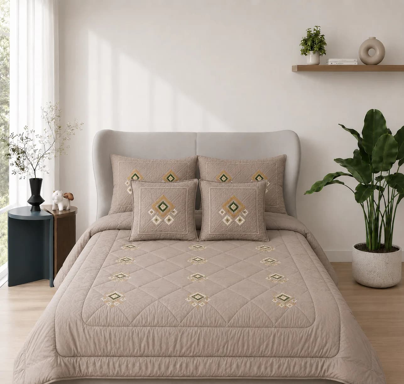 Embroidery Hand Quilted Bedding In A Bag Set (Sand) - Six Piece Set