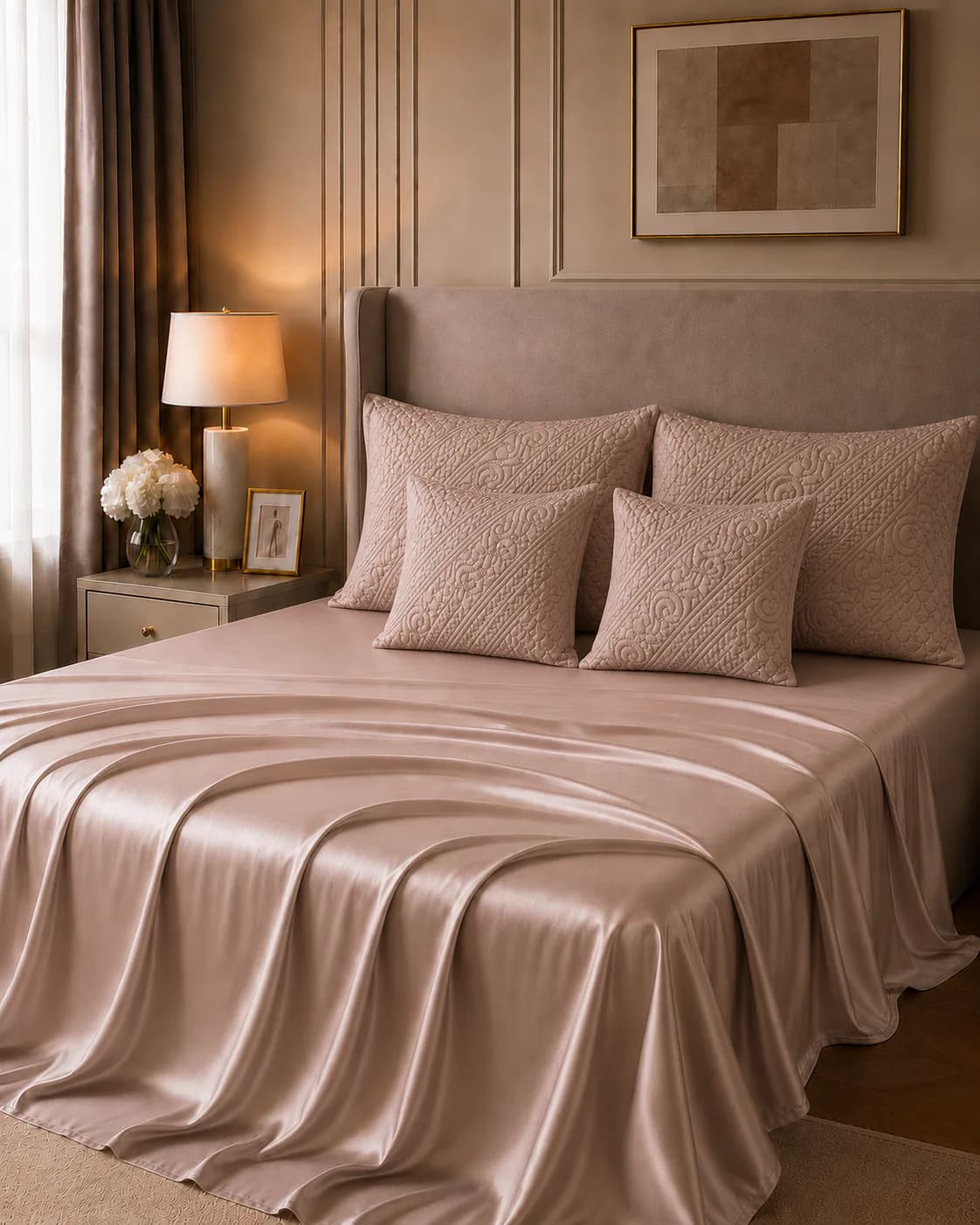 Nakshi Hand Quilted 300TC Cotton Satin Super King Bedding Set (Muted Pink) - Five Piece Set