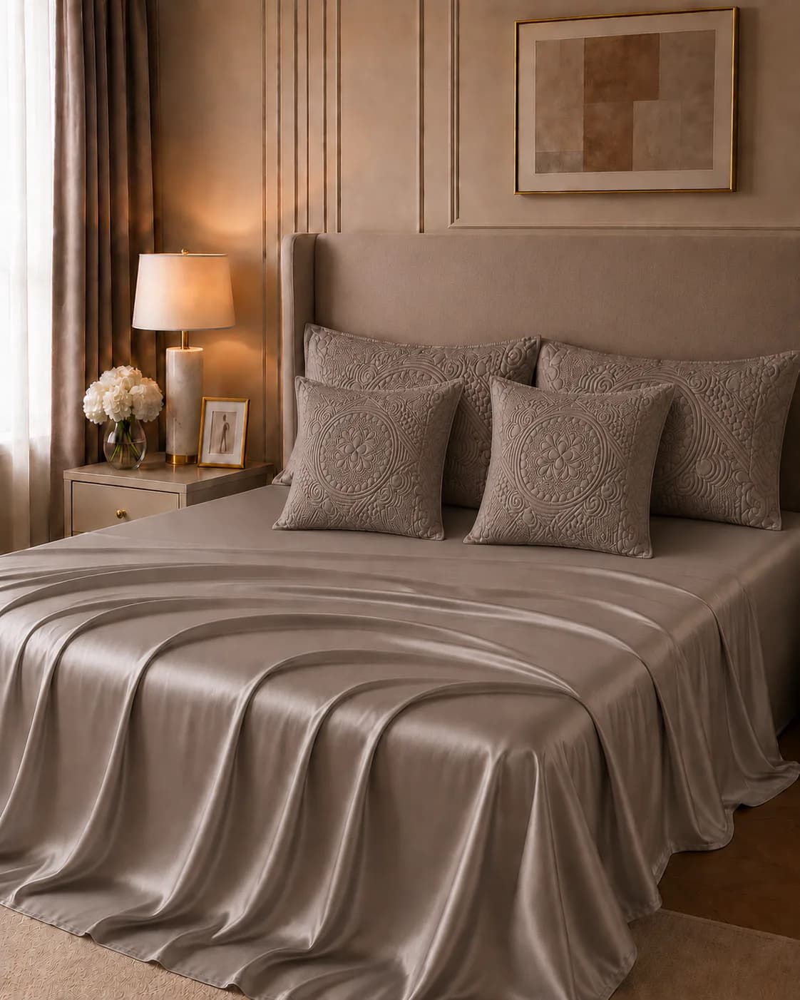 Nakshi Hand Quilted 300TC Cotton Satin Super King Bedding Set (Taupe) - Five Piece Set