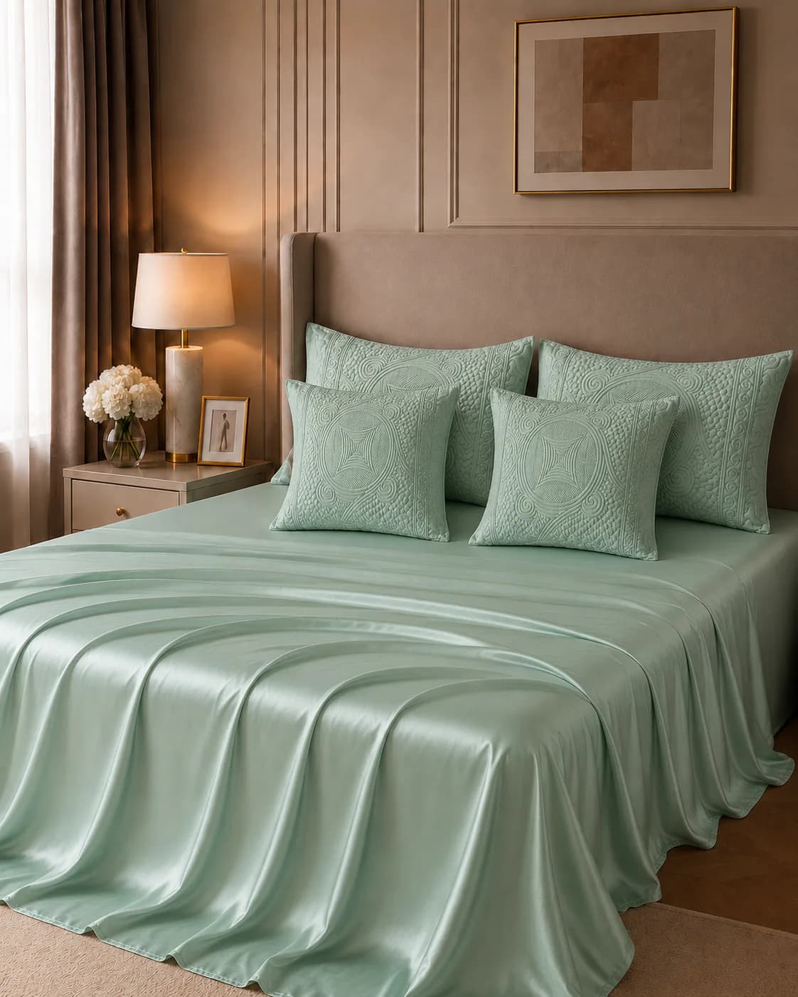 Nakshi Hand Quilted 300TC Cotton Satin Super King Bedding Set (Sage) - Five Piece Set