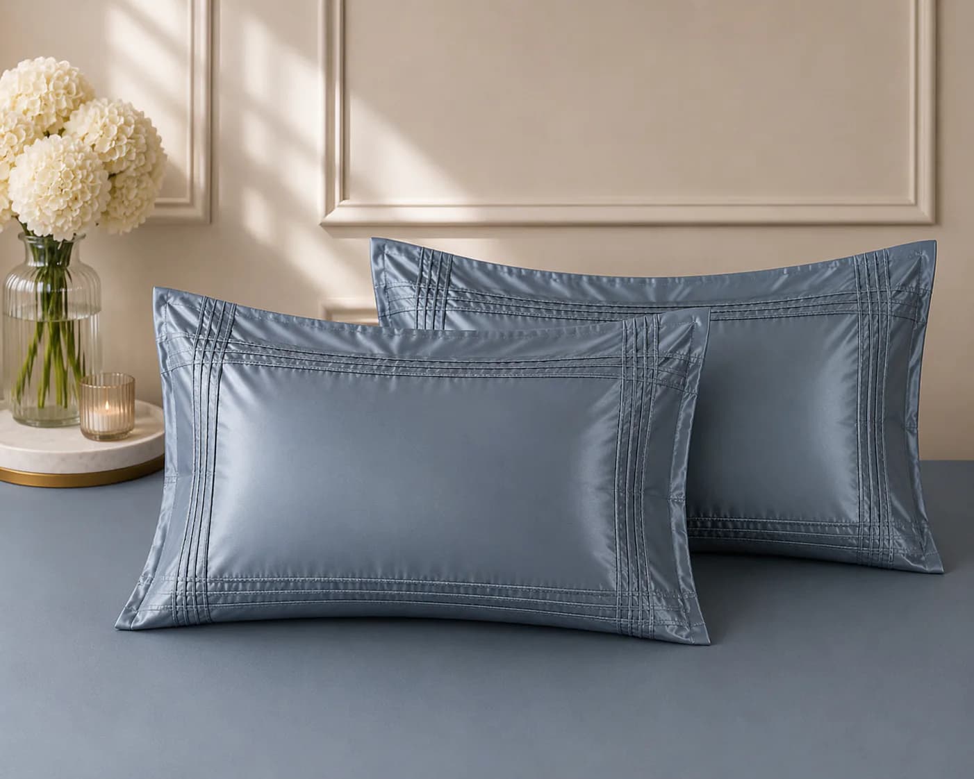QHxHOMCOT Aurora Norway 3 Pc Hand Quilted 100% Pure Cotton Super King 3Pc Bedding Set | 110x112 Inches | 2 Hand Embellished Pillow Covers | Dori Work Pillow Covers